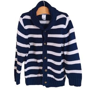 CARTERS Stripe Chunky Knit Woven Button Down Cardigan Navy Blue Boys Age 5Y